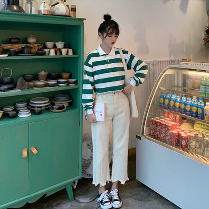 Women's  Long Sleeve Striped Crop Top