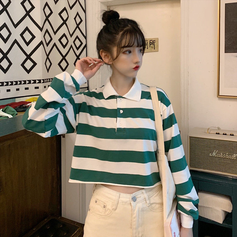 Women's  Long Sleeve Striped Crop Top