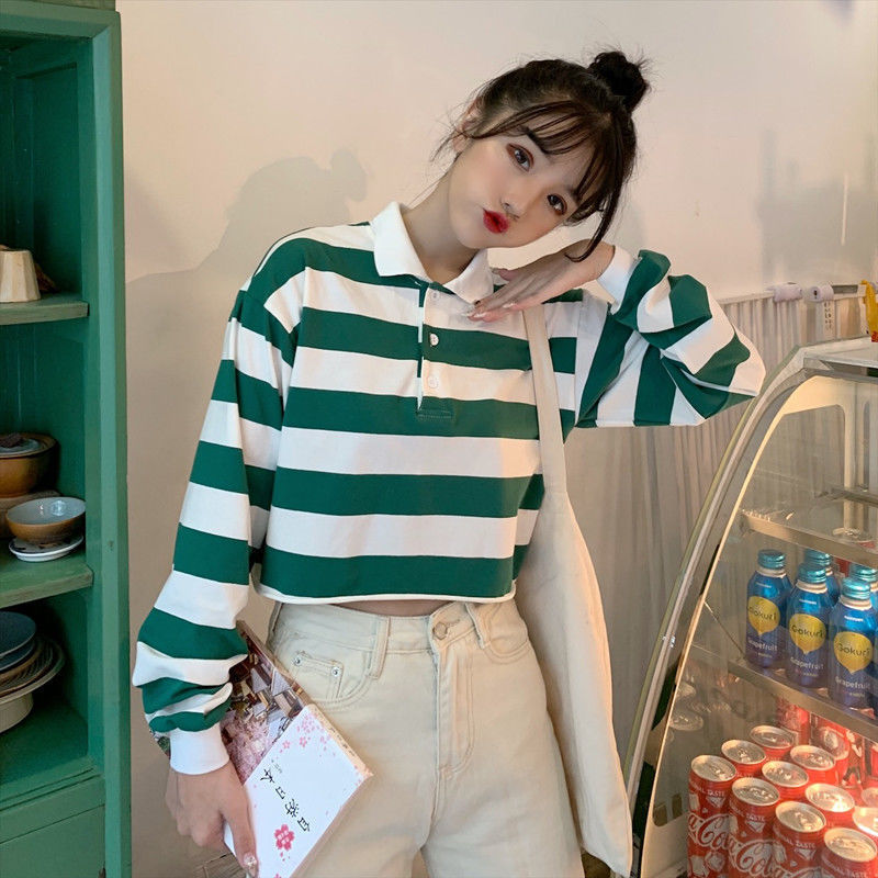 Women's  Long Sleeve Striped Crop Top